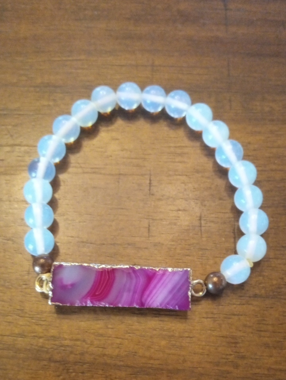 Pink Agate Bar & Opalescent Bead Stretch Bracelet NWT - Picture 2 of 6